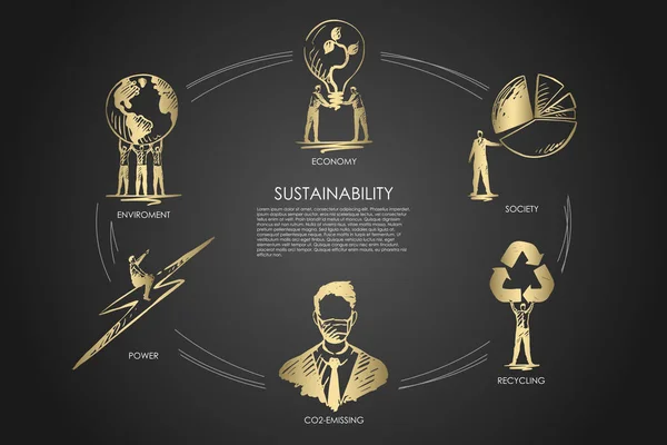 Sostenibilidad, economía, sociedad, reciclaje, emisión de CO2, conjunto de vectores de medio ambiente — Vector de stock