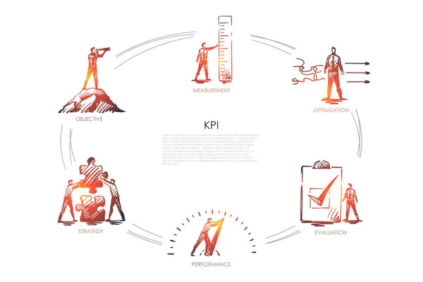 KPI - medição, otimização, avaliação, perfomance, conceito de conjunto de estratégia . —  Vetores de Stock