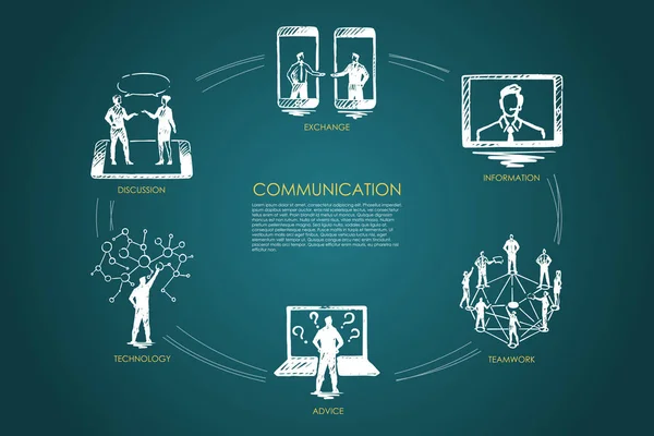 Comunicación - intercambio, información, trabajo en equipo, asesoramiento, concepto de conjunto tecnológico . — Vector de stock