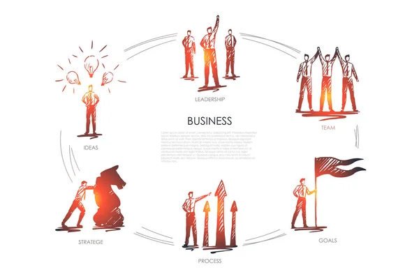 Unternehmen, Team, Ziele, Strategie, Ideen, Führungsvektorsatz — Stockvektor