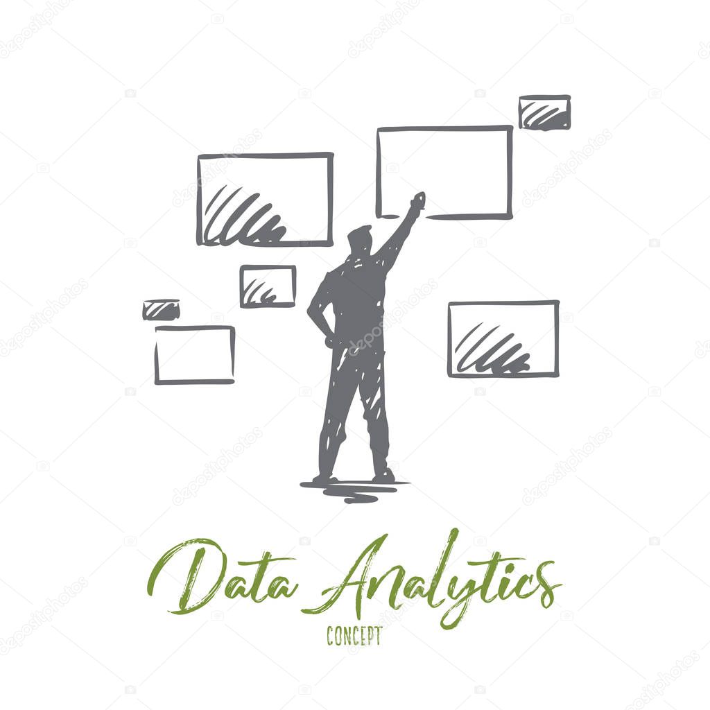 Data, analytics, information, technology, web concept. Hand drawn isolated vector.