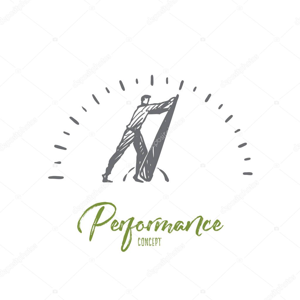 Performance, internet, speed, technology, fast concept. Hand drawn man near arrow speedometer concept sketch. Isolated vector illustration.
