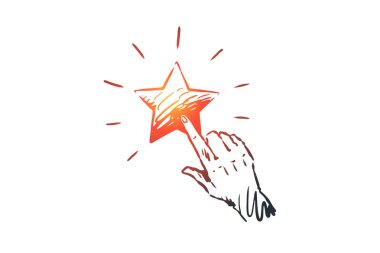 Geri bildirim, yıldız, hizmet, kalite, işareti kavramı. Elle çizilmiş izole vektör.