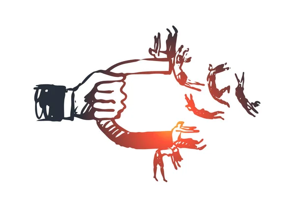 Etkisi, mıknatıs, iş, seyirci, paylaşım kavramı. Elle çizilmiş izole vektör.