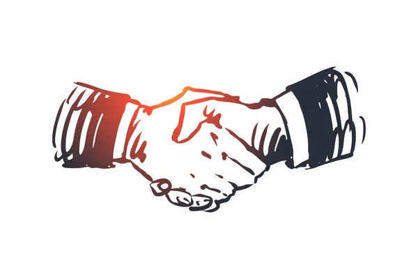 Inzet, hand, deal, bedrijven, partnerschap concept. Hand getekende geïsoleerde vector. — Stockvector