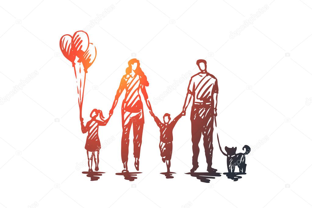 Family time, mother, kids, happy, father concept. Hand drawn isolated vector.