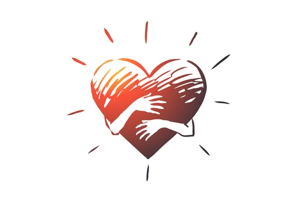 Oprechtheid, liefde, zorg, hand, hart concept. Hand getekende geïsoleerde vector. — Stockvector