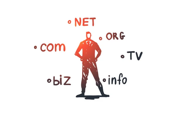 Domain, internet, név, webtárhely, koncepció. Kézzel rajzolt elszigetelt vektor. — Stock Vector