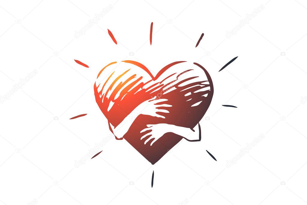 Sincerity, love, care, hand, heart concept. Hand drawn isolated vector.