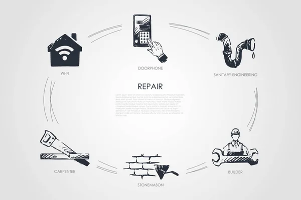 Reparatie - deurtelefonie, sanitair, bouwer, steenhouwer, timmerman, wi-fi vector concept set — Stockvector