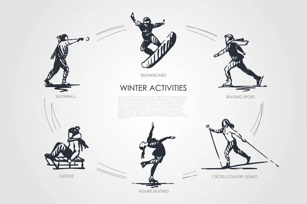 冬季活动-雪球, 滑雪板, 滑冰运动, 越野滑雪, 花样滑冰, 雪橇向量概念集 — 图库矢量图片