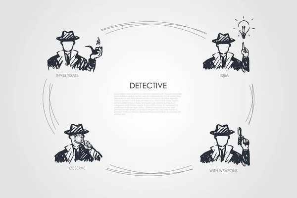 Detective - investigate, observe, idea, with weapons vector concept set — Stock Vector