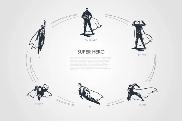 Super herói - para cima, greves, voar, voar, poder, conjunto de conceito de vetor de guarda — Vetor de Stock