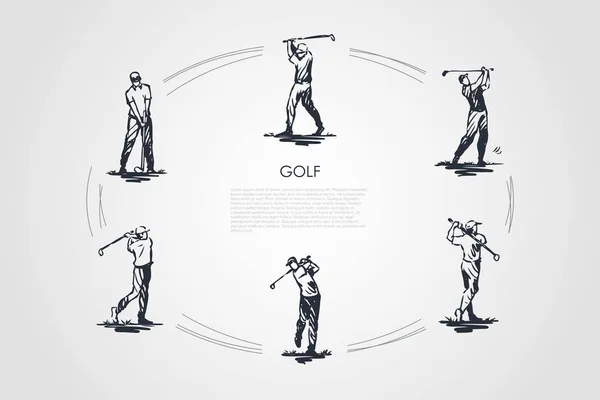 Golfe - homem com clube de golfe em diferentes poses ativas conjunto de conceito vetor — Vetor de Stock