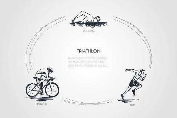 Triatlón natación, ciclismo, correr vector concepto conjunto — Vector de stock