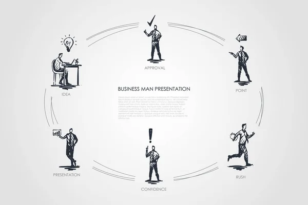 Презентация бизнес-человека - идея, презентация, уверенность, спешка, точка, утверждение векторного набора концепций — стоковый вектор
