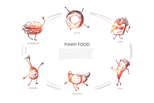 Funny food - hamburger, nugget, croissant, pizza, kentang goreng, fritter vector concept set - Stok Vektor