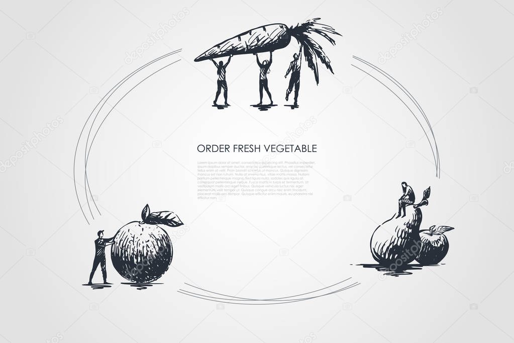 Order fresh vegetable - people with carrot, pear and apple vector concept set