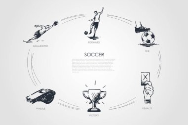 Soccer - forward, fine, goalkeeper, whistle, victory, penalty vector concept set clipart