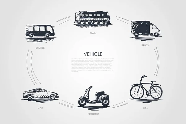 Vehículo - tren, coche, lanzadera, camión, bicicleta, scooter vector concepto conjunto — Archivo Imágenes Vectoriales