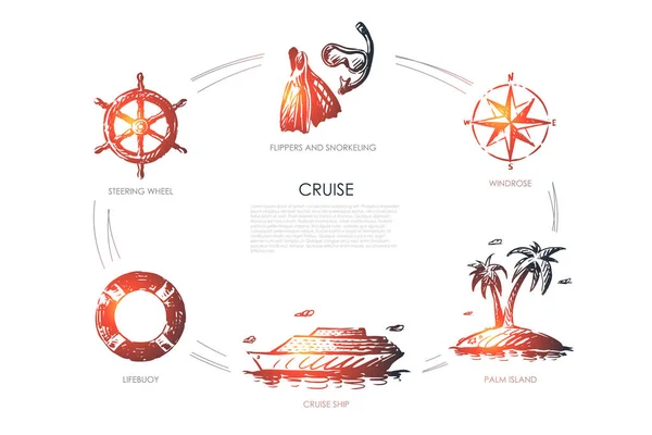 Cruise - steering wheel, lifebuoy, cruise ship, palm island, windrose, flippers and snorkeling vector concept set — Stock Vector