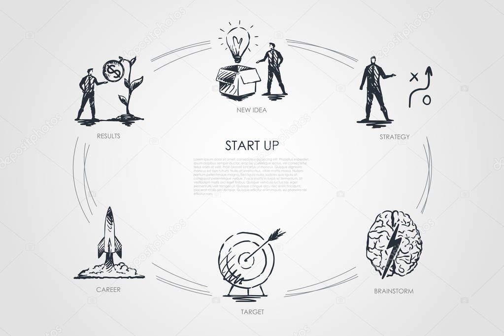 Start Up - new idea, strategy, results, career, target, brainstorm vector concept set