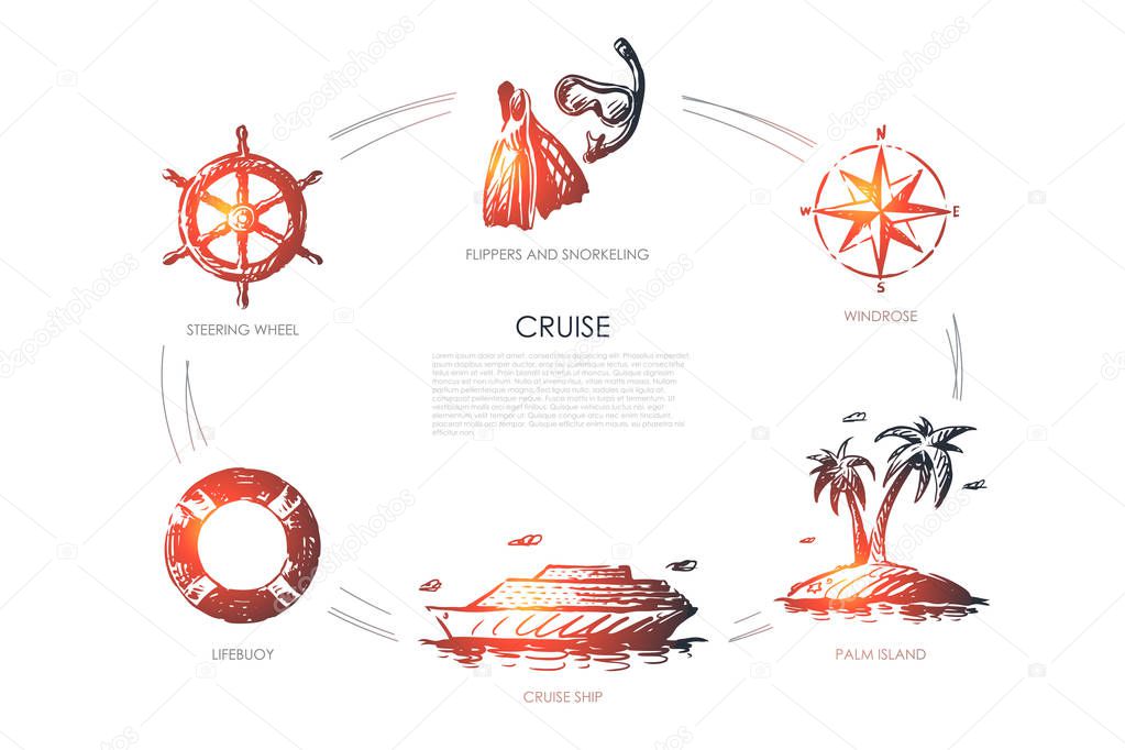 Cruise - steering wheel, lifebuoy, cruise ship, palm island, windrose, flippers and snorkeling vector concept set