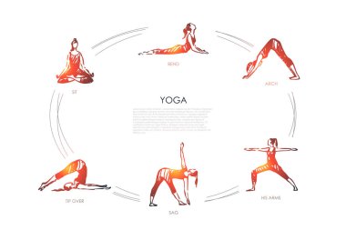 Yoga, meditasyon - sit, bend, kemer, kollarını, sarkma, vektör kavramı küme üzerinde ipucu