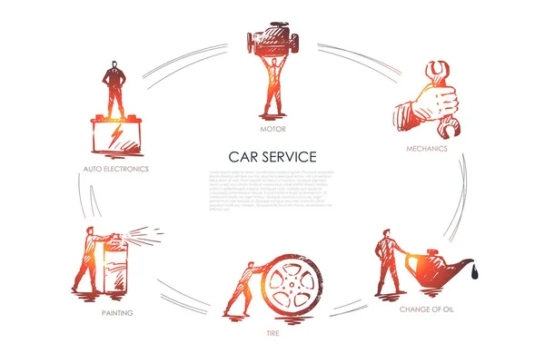 Car service - auto electronics, painting, tire, change of oil, mechanics, motor vector concept set — Stock Vector