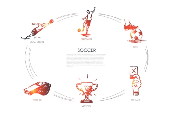 Fútbol - delantero, fino, portero, silbato, victoria, pena vector concepto conjunto — Archivo Imágenes Vectoriales