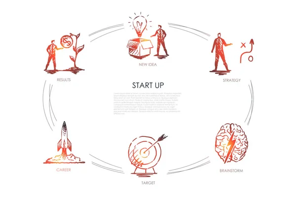 Start Up - nova ideia, estratégia, resultados, carreira, alvo, conjunto de conceito de vetor de brainstorm —  Vetores de Stock