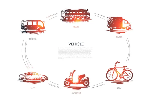 Fahrzeug - Zug, Auto, Shuttle, LKW, Fahrrad, Scooter-Vektorkonzept — Stockvektor