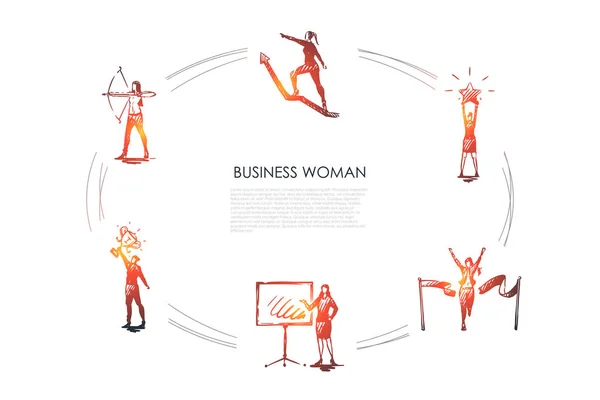 Mujer de negocios - mujeres con estrella en las manos, tiro con arco, con trofeo, acabado de cruce, escalada en flecha hasta el vector concepto conjunto — Vector de stock