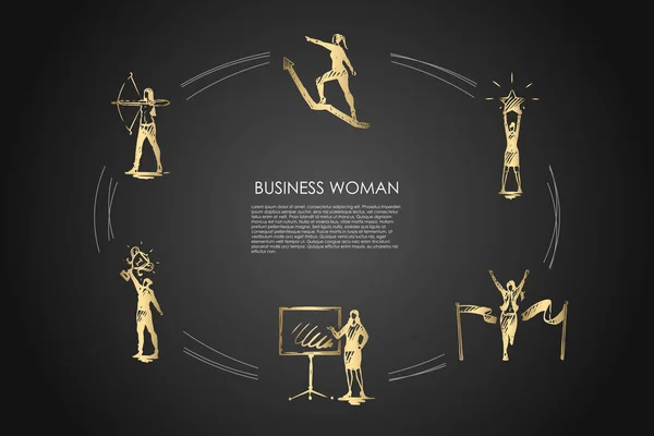 Geschäftsfrau - Frauen mit Stern in der Hand, Bogenschießen, mit Trophäe, Zielüberquerung, Klettern auf Pfeil-nach-oben-Vektor-Konzept — Stockvektor