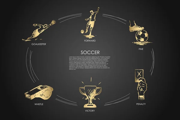 Fútbol - delantero, fino, portero, silbato, victoria, pena vector concepto conjunto — Archivo Imágenes Vectoriales