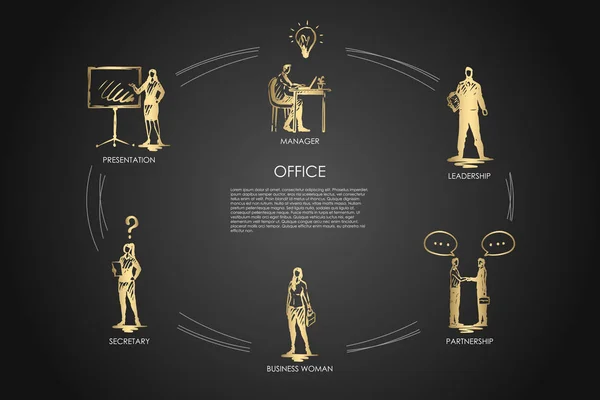 Ofis - Yöneticisi, tanıtım, Sekreter, iş kadını, liderlik, ortaklık vektör kavramı set — Stok Vektör