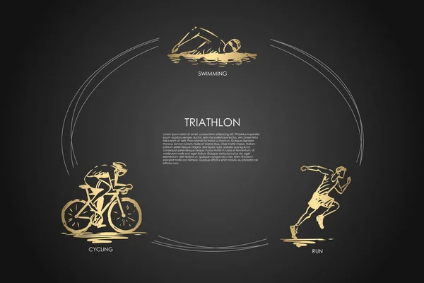 铁人三项-游泳, 骑自行车, 运行向量概念集 — 图库矢量图片