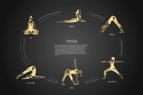 Yoga - sentarse, doblar, arco, sus brazos, sag, punta sobre vector concepto conjunto — Vector de stock