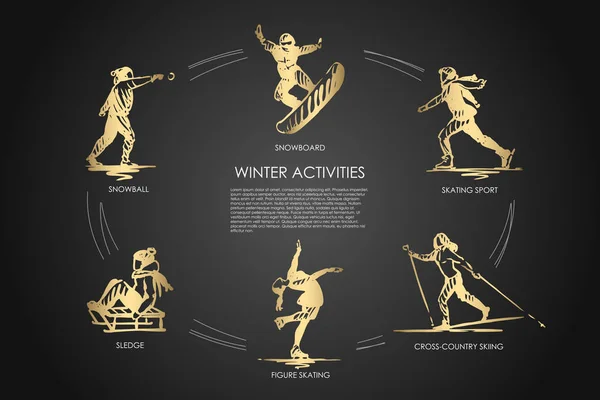 Actividades de invierno - bola de nieve, snowboard, patinaje deportivo, esquí de fondo, patinaje artístico, conjunto de conceptos de vectores de trineo — Vector de stock
