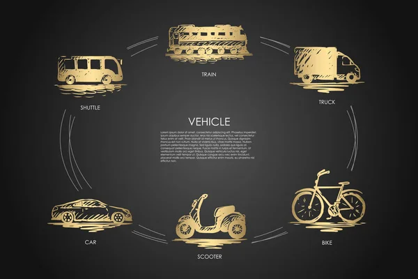 车辆-火车, 汽车, 穿梭机, 卡车, 自行车, 滑板车向量概念集 — 图库矢量图片