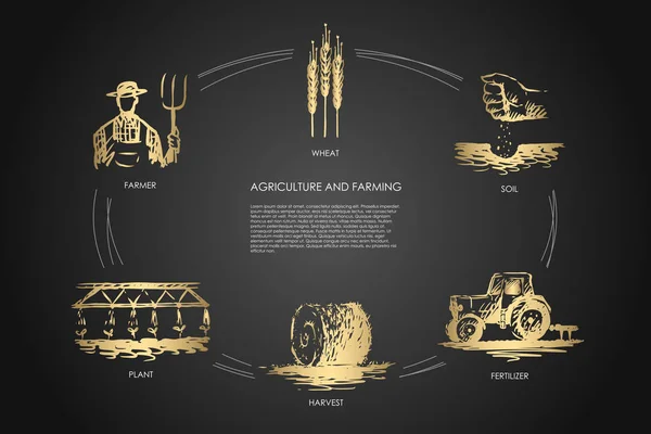 Agricultura y Agricultura-agricultor, suelo, trigo, planta, cosecha, fertilizante vector concepto conjunto — Archivo Imágenes Vectoriales