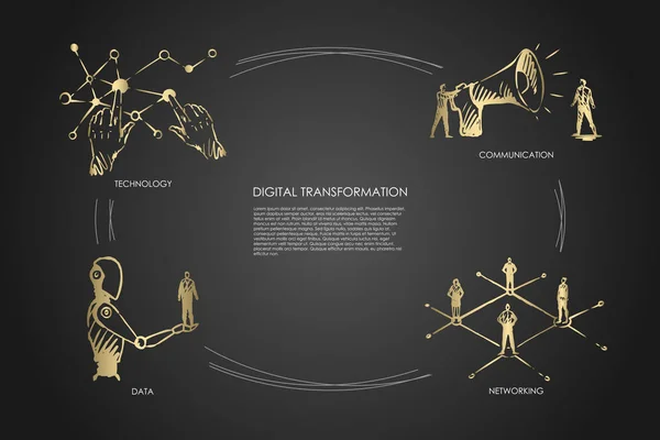 Digitale Transformation, Technologie, Kommunikation, Vernetzung, Datenkonzept — Stockvektor
