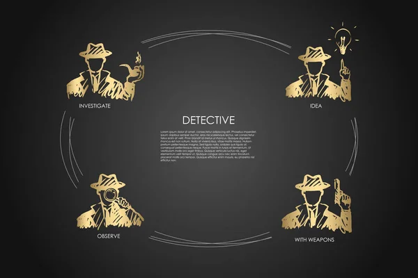 Detective - investigar, observar, idea, con armas vector concepto conjunto — Vector de stock