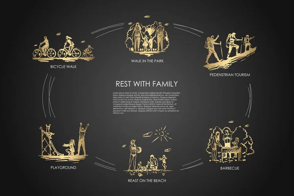 Odihnă cu familia - plimbare în parc, plimbare cu bicicleta, loc de joacă, grătar, turism pietonal, odihnă pe plajă set de concept vectorial — Vector de stoc