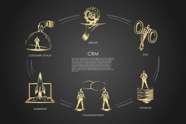 CMR, продаж, база даних, комунікація, маркетинг, лояльність клієнтів — стоковий вектор