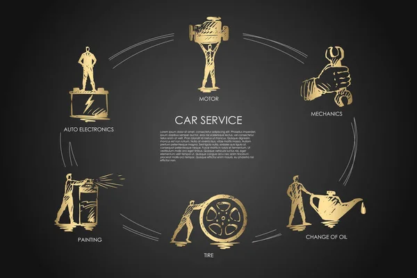 Car service - auto electronics, painting, tire, change of oil, mechanics, motor vector concept set — Stock Vector