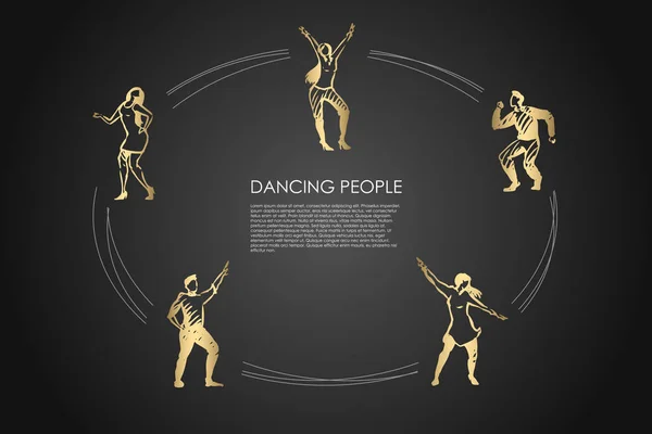 Gente bailando - hombres y mujeres en diferentes poses de baile vector concepto conjunto — Vector de stock