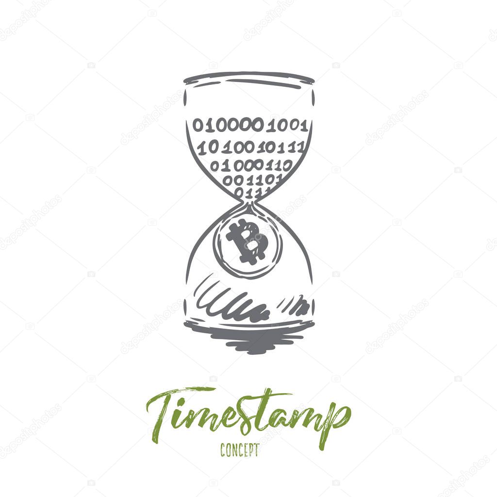 Timestamp, bitcoin, blockchain, currency, digital concept. Hand drawn isolated vector.
