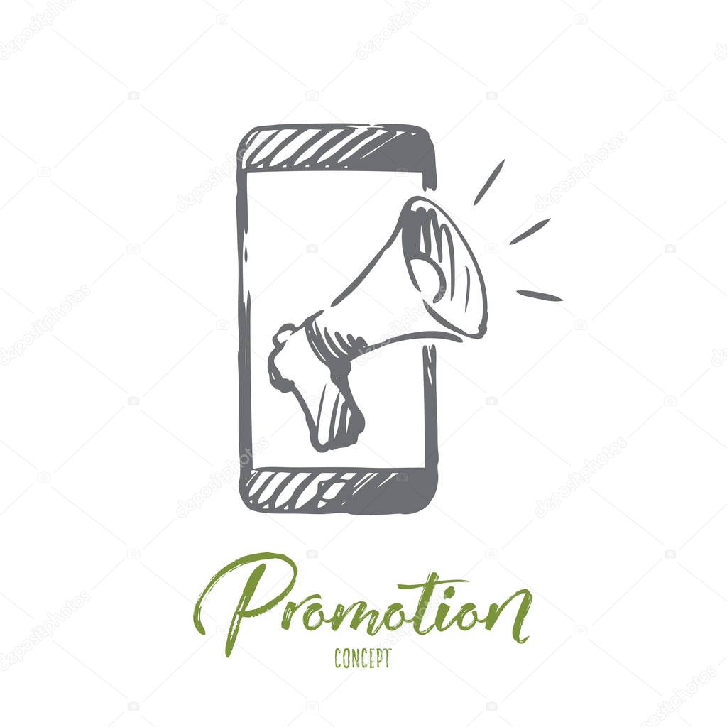 Promotion, mobile phone, advertising, speaker concept. Hand drawn isolated vector.