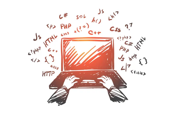 Codificação, programador, laptop, internet, conceito de trabalho. Vetor isolado desenhado à mão . — Vetor de Stock